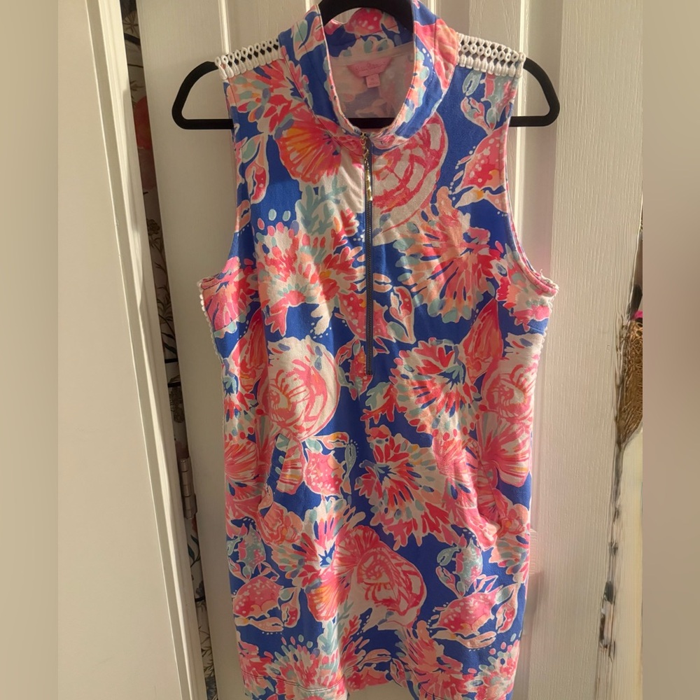 Sleeveless Floral Zip-Front Shift Dress in Blue & Pink